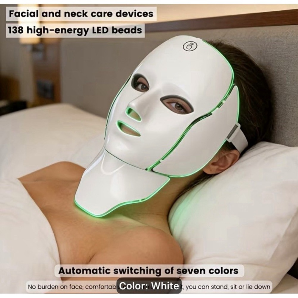 7-Color LED Light Therapy Mask for Face & Neck, White, Portable Rechargeable